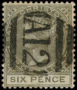 ST CHRISTOPHER 1882  SG19 Forgery by Sperati of QV 6d olive-brown