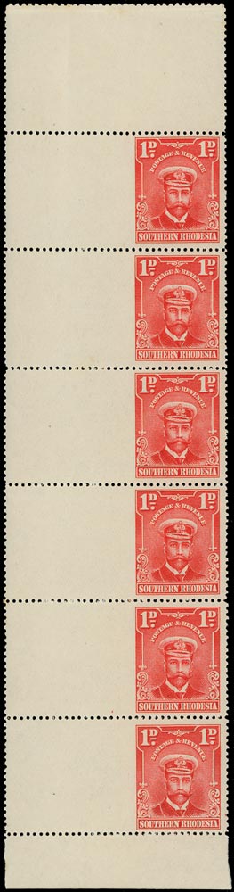 SOUTHERN RHODESIA 1924  SG2 var Mint 1d vertical strip of six, R7-12/11. variety imperf to gutter at left, u/m