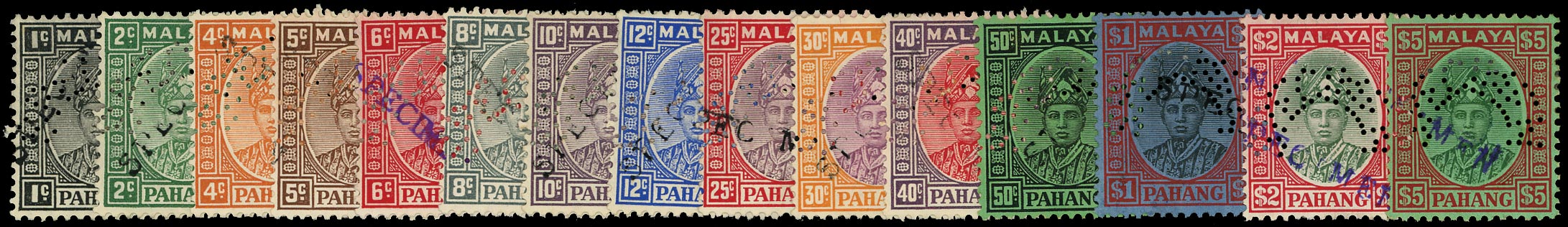 MALAYA - PAHANG 1935  SG29s/46s Specimen original set of 15 to $5 from the Bechuanaland archive