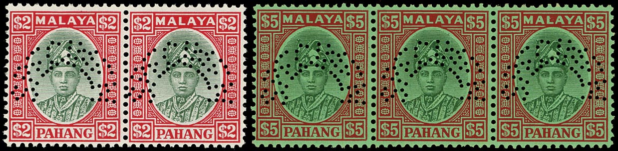 MALAYA - PAHANG 1935  SG45s, 46s Specimen $2 pair and $5 strip of three unmounted mint