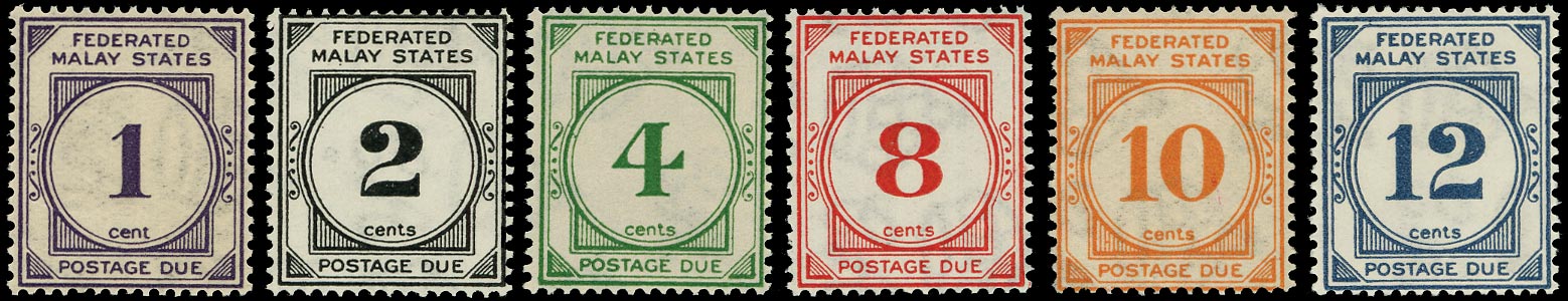 MALAYA - F.M.S. 1924  SGD1w/6w Postage Due set of 6 to 12c watermark Crown to left of CA
