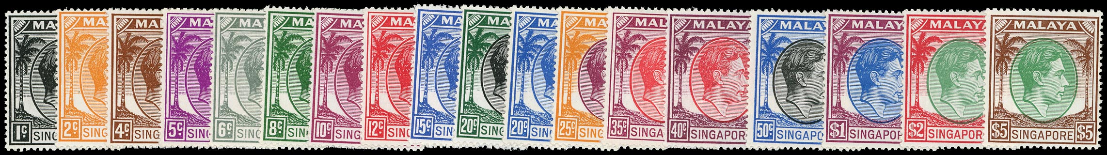 SINGAPORE 1948  SG16/30 Mint unmounted set of 15 to $5 perf 17&frac12;x18