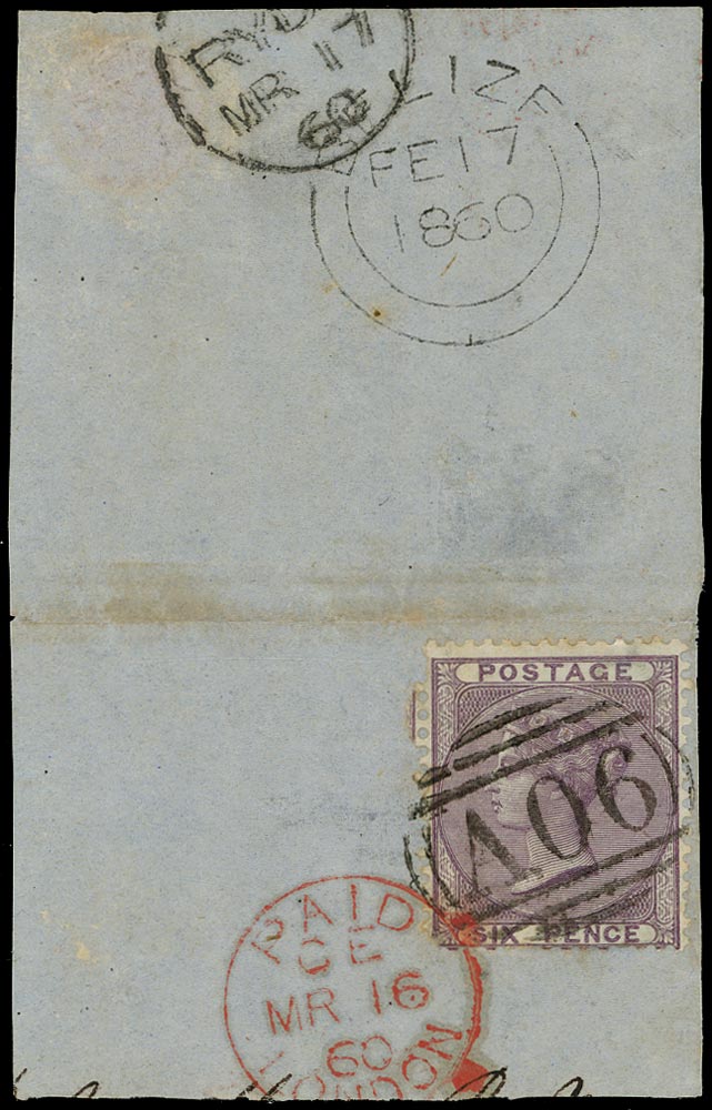 BRITISH HONDURAS 1858  SGZ3 Cancel A06 on Great Britain 6d lilac