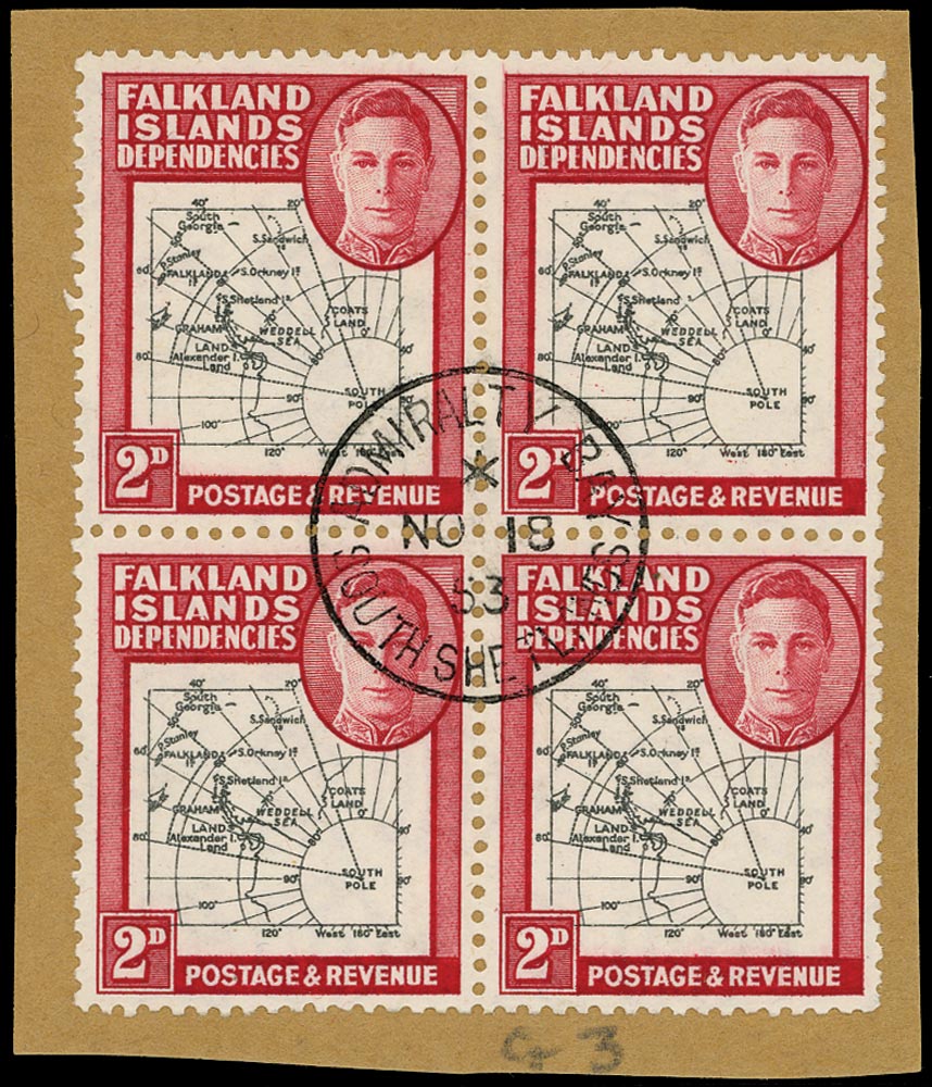 FALKLAND ISLAND DEPS 1946  SGG3aa Used Thick Map 2d black and carmine variety Missing I