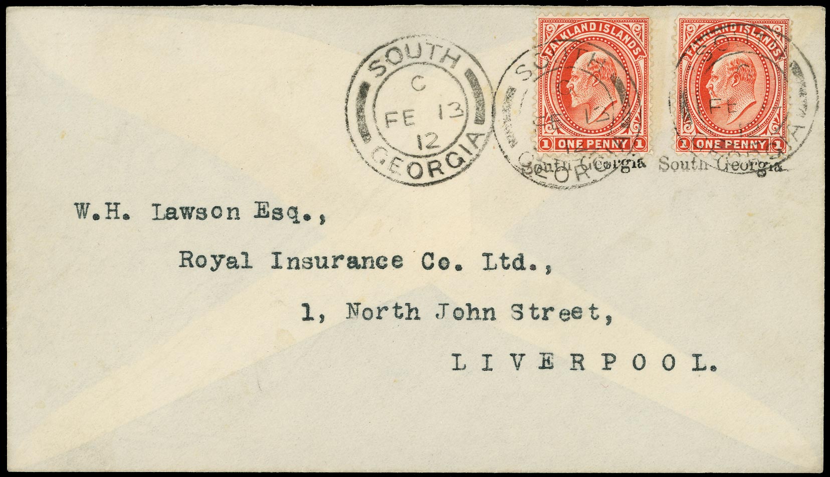 FALKLAND ISLAND DEPS 1912  SGZU3 Cover from South Georgia to Liverpool with underprint