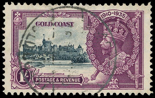 GOLD COAST 1935  SG116b Used Silver Jubilee 1s slate and purple variety Short extra flagstaff