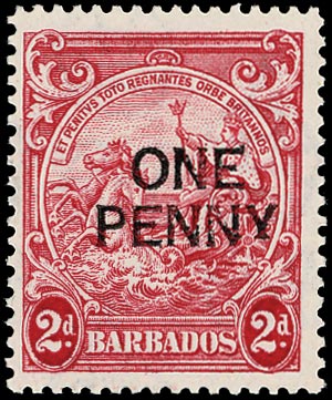 BARBADOS 1947  SG264ec Mint 1d on 2d carmine perf 13&frac12;x13 variety Short Y