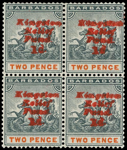 BARBADOS 1907  SG153e Mint Kingston Relief Fund 1d on 2d variety No stop after 1d