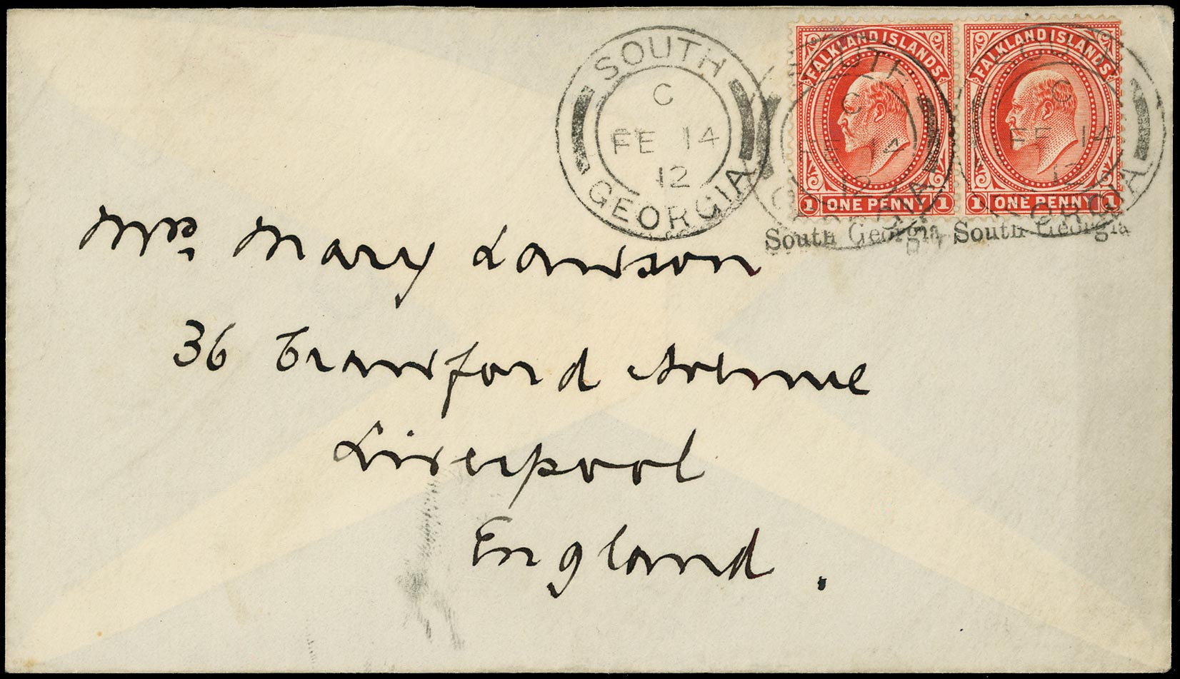 FALKLAND ISLAND DEPS 1912  SGZU3 Cover from South Georgia to Liverpool with underprint