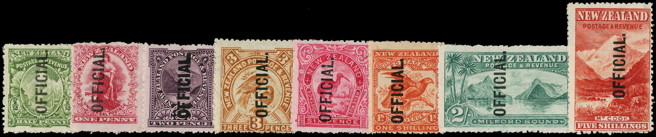 NEW ZEALAND 1907  SGO59/67 Official set of 8 to 5s watermark single NZ and star