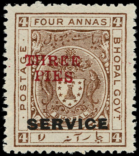 I.F.S. BHOPAL 1935  SGO324 Official "THREE / PIES" on 4a chocolate, type O6 surcharge in red, o.g.