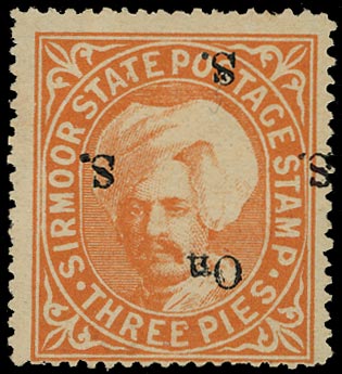 I.F.S. SIRMOOR 1892  SG60b Official 3p orange, type 13 opt INVERTED, very fresh part o.g.