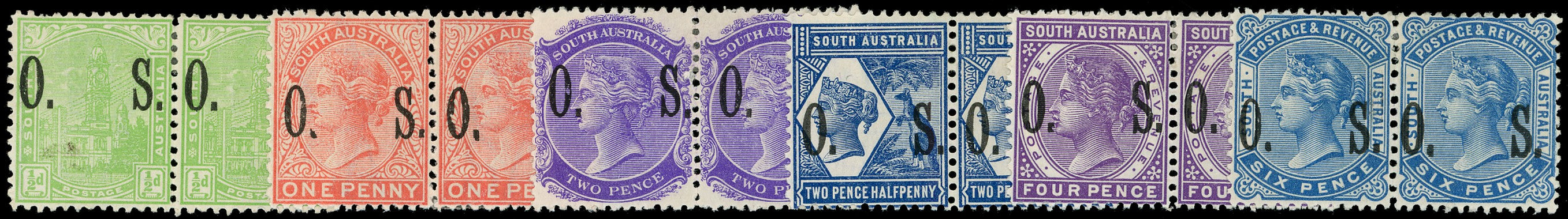 SOUTH AUSTRALIA 1899  SGO80/O85 Official type O3 O.S. overprint set of 6 to 6d mint