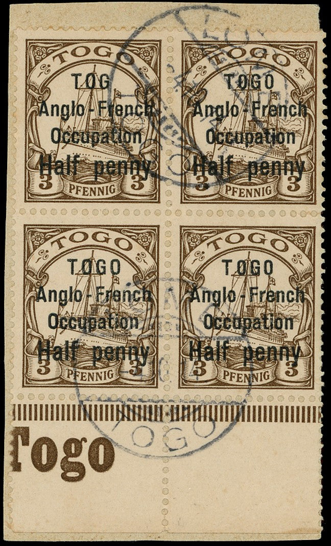 TOGO 1914  SGH27a Used &frac12;d on 3pf brown error TOG for TOGO