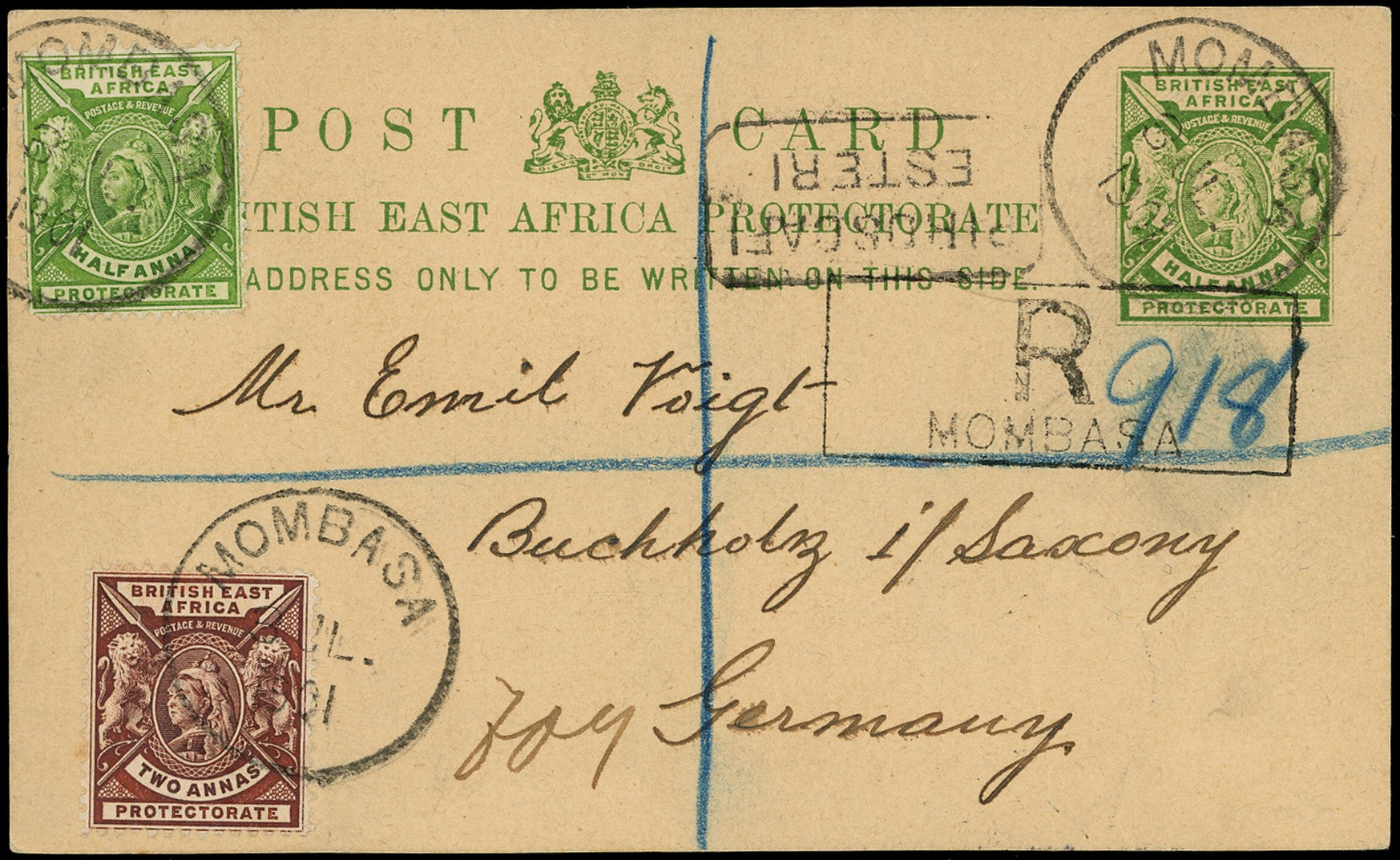 BRITISH EAST AFRICA 1901  SG65, 67 Cover ½a green postcard uprated and registered to Germany