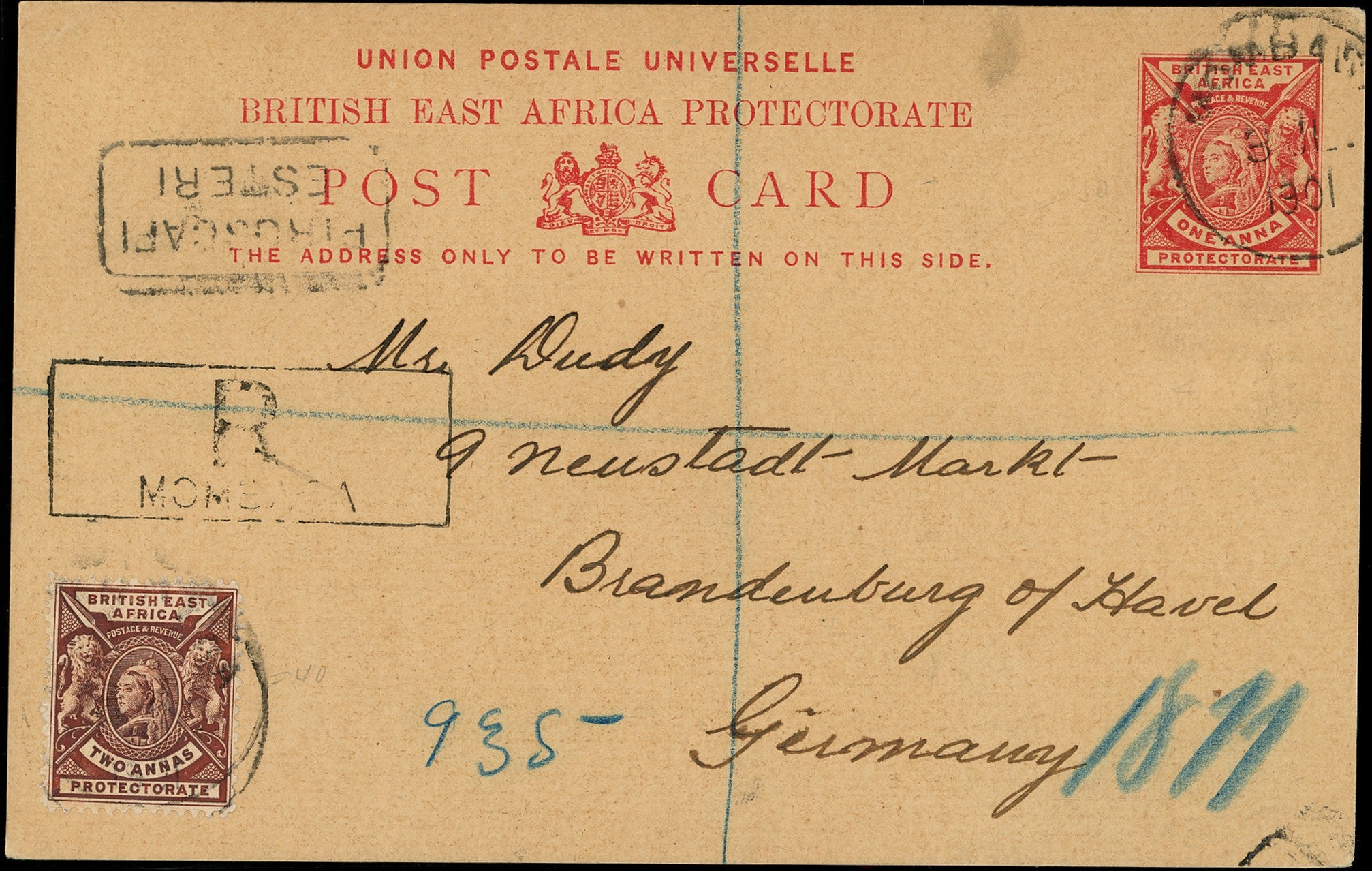 BRITISH EAST AFRICA 1901  SG67 Cover 1a carmine postcard uprated and registered to Germany