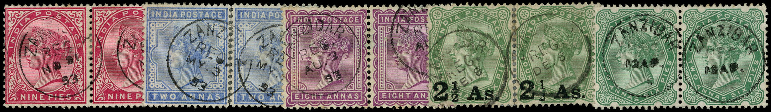 ZANZIBAR 1882  SGZ84/Z94 btwn Cancel India 9p, 2a, 8a, 2&frac12;a on 4a6p, 2a6p with type Z6 registered cds