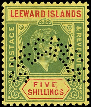LEEWARD ISLANDS 1938  SG112abs Specimen KGVI 5s green and red on yellow variety Damaged value tablet