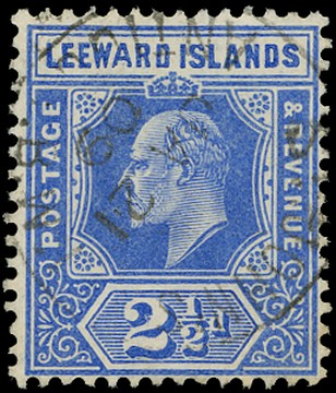 LEEWARD ISLANDS 1907  SG40a Used KEVII 2&frac12;d bright blue variety Wide A