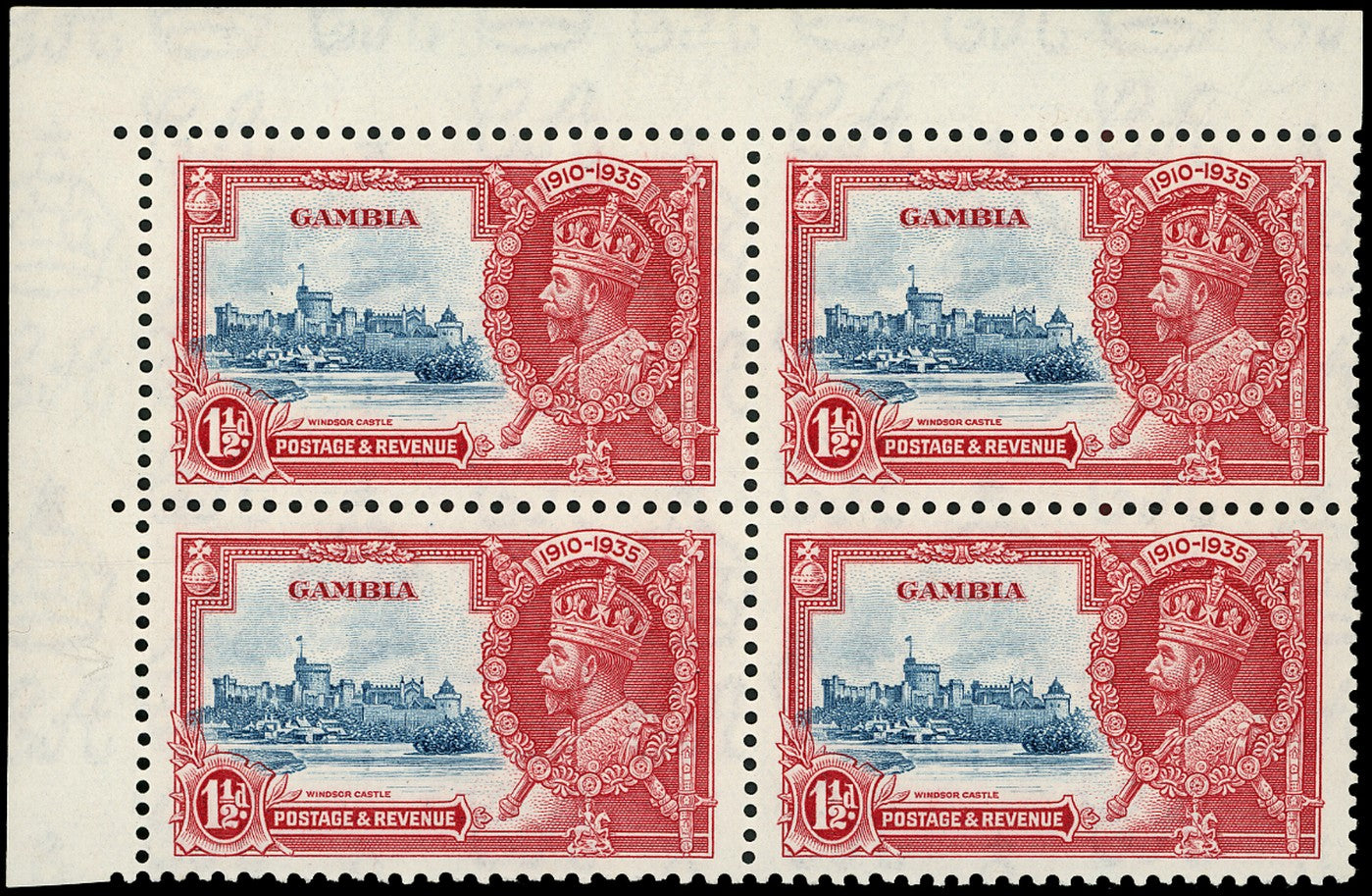 GAMBIA 1935  SG143b Mint Silver Jubilee 1&frac12;d variety Short extra flagstaff