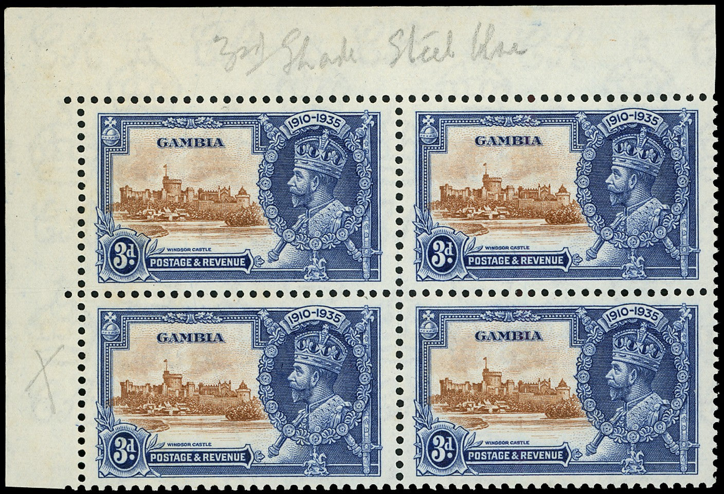 GAMBIA 1935  SG144b Mint Silver Jubilee 3d variety Short extra flagstaff