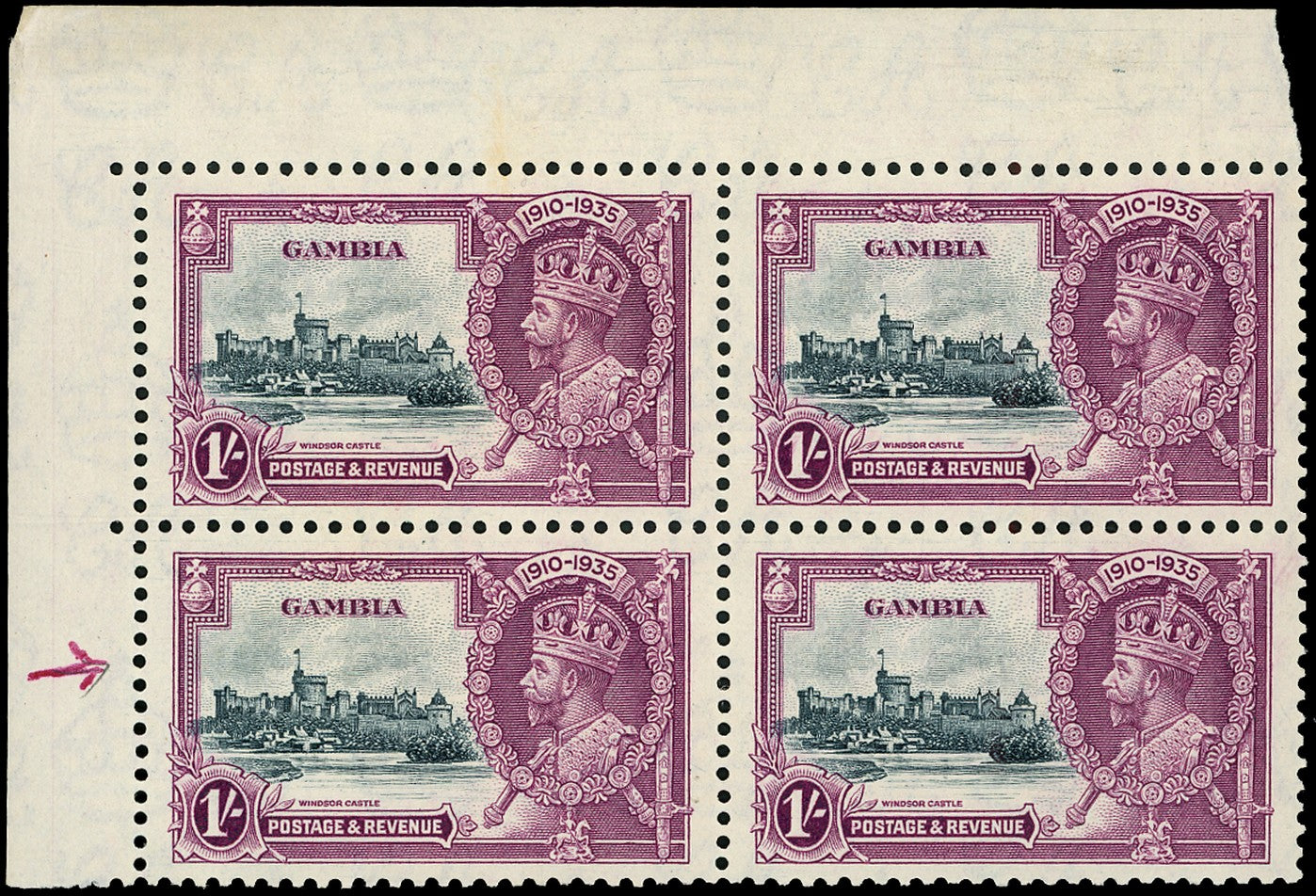 GAMBIA 1935  SG146b Mint Silver Jubilee 1s variety Short extra flagstaff
