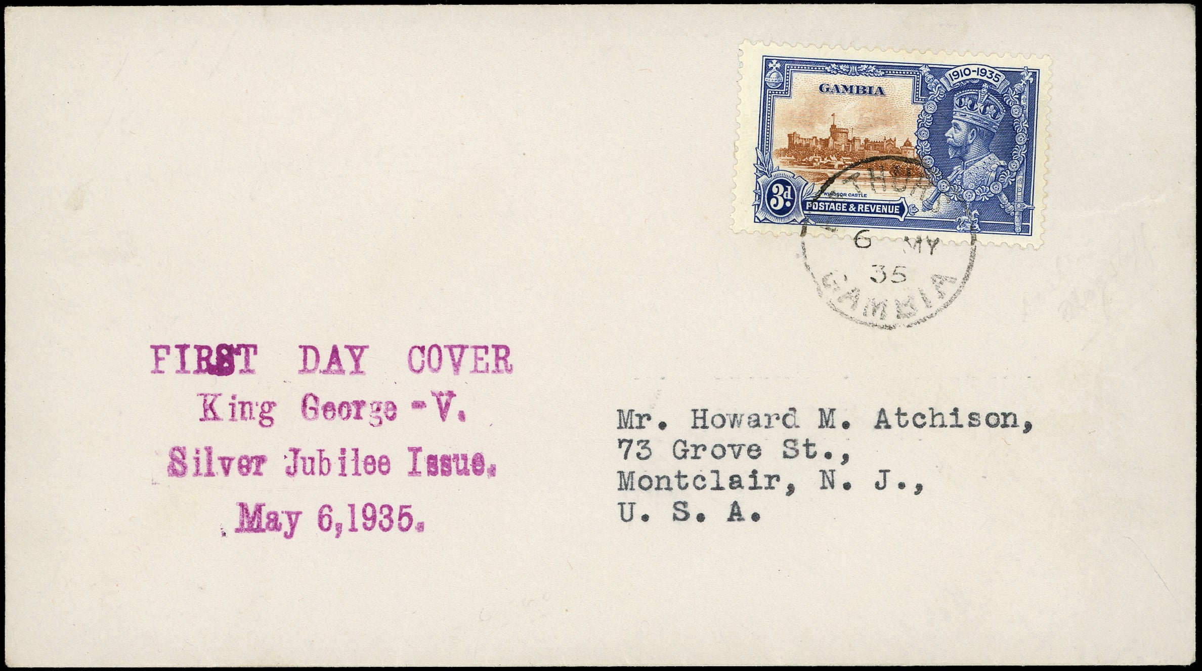 GAMBIA 1935  SG144a Cover to USA with Silver Jubilee 3d variety Extra flagstaff