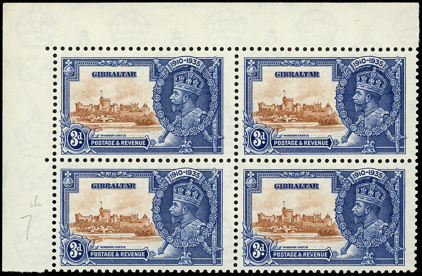 GIBRALTAR 1935  SG115b Mint unmounted Silver Jubilee 3d variety Short extra flagstaff