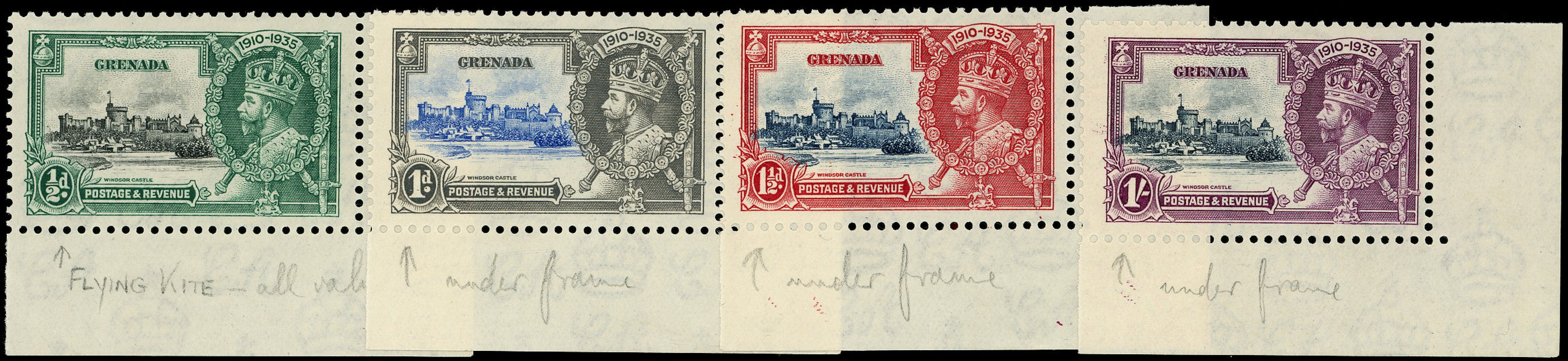 GRENADA 1935  SG145l/48l Mint Silver Jubilee set of 4 variety Kite and horizontal log