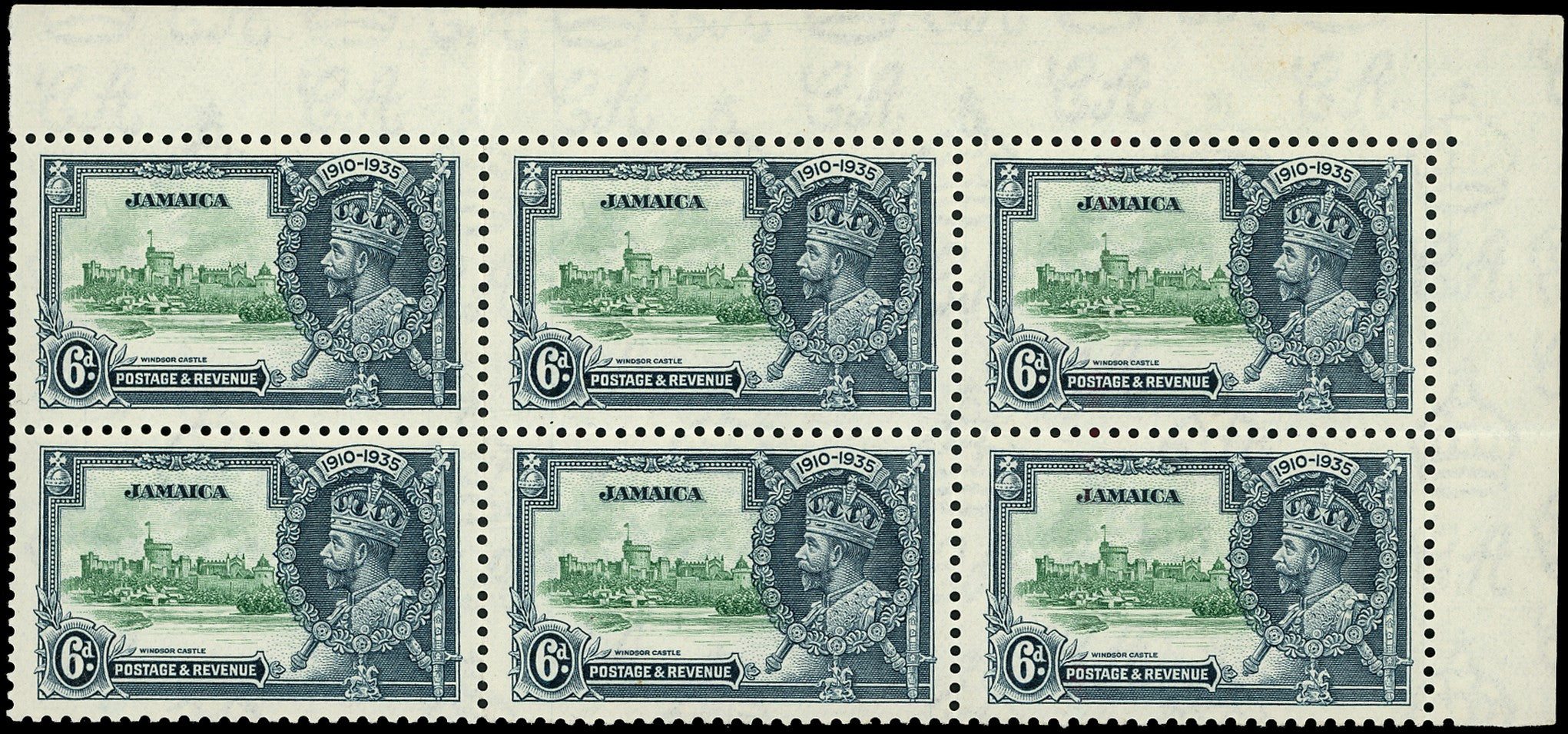 JAMAICA 1935  SG116c Mint unmounted Silver Jubilee 6d variety Lightning conductor