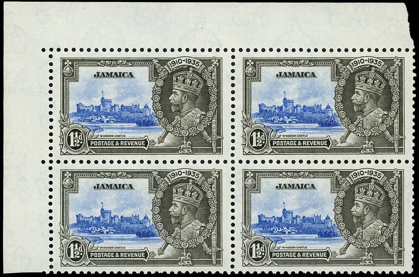 JAMAICA 1935  SG115b Mint unmounted Silver Jubilee 1&frac12;d variety Short extra flagstaff