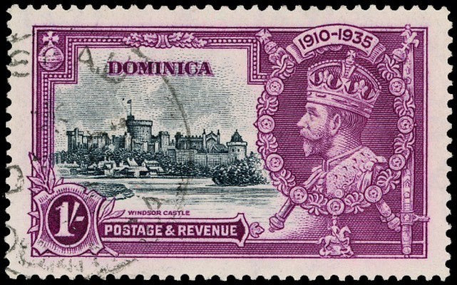 DOMINICA 1935  SG95h Used Silver Jubilee 1s variety Dot by flagstaff