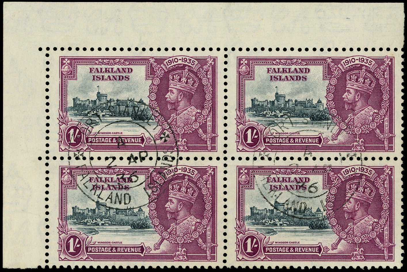 FALKLAND ISLANDS 1935  SG142b Used Silver Jubilee 1s variety Short extra flagstaff