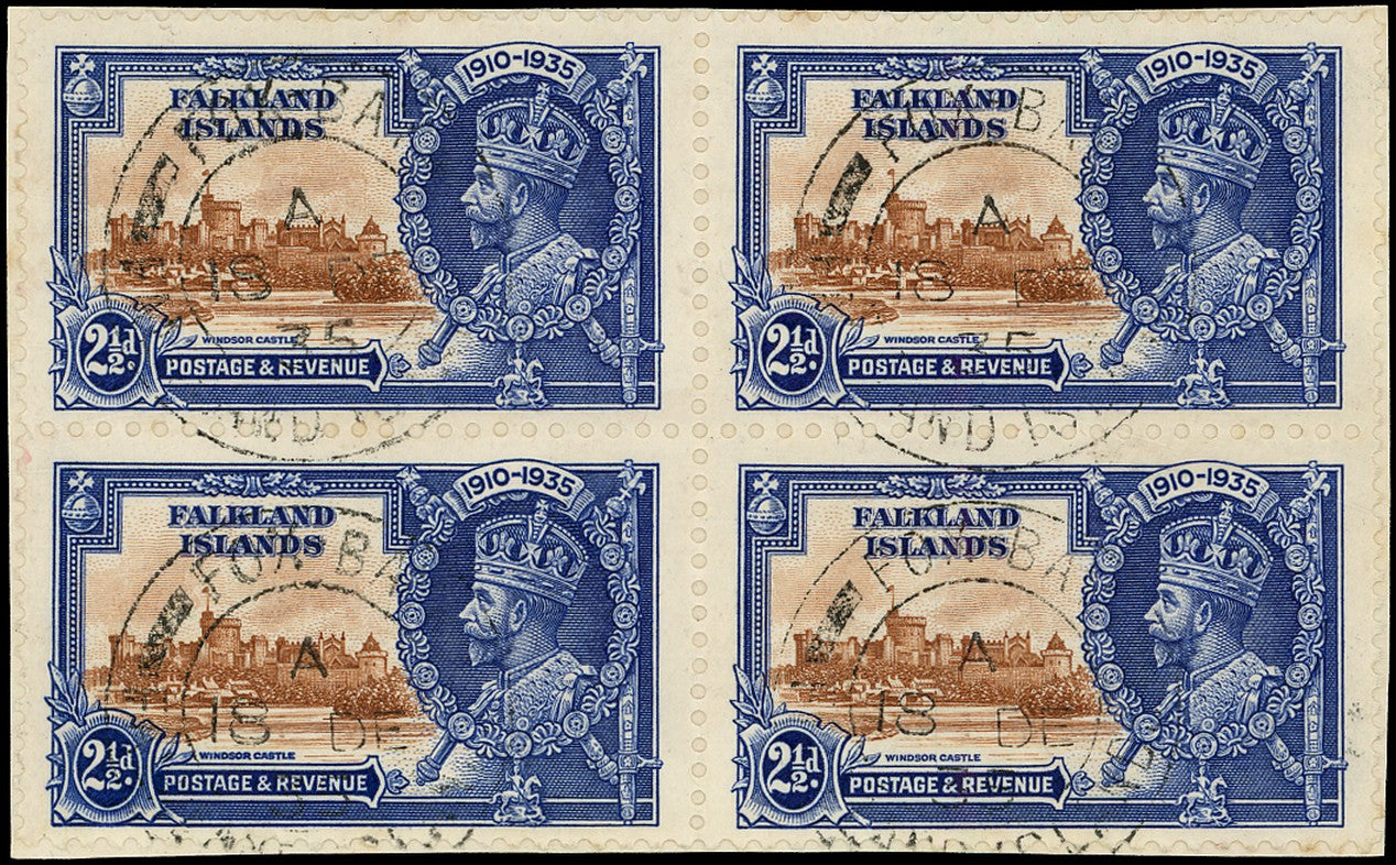 FALKLAND ISLANDS 1935  SG140d Used Silver Jubilee 2&frac12;d variety Flagstaff on right-hand turret