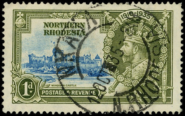 NORTHERN RHODESIA 1935  SG18h Used Silver Jubilee 1d variety Diagonal line by turret