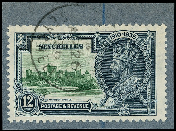SEYCHELLES 1935  SG129d Used Silver Jubilee 12c variety Flagstaff on right-hand turret