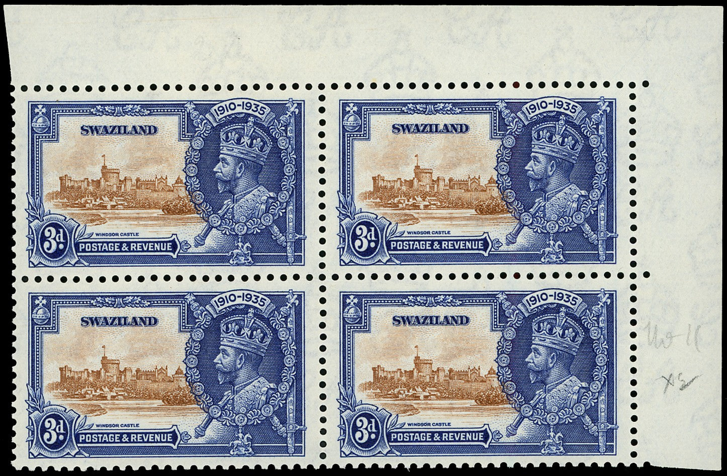 SWAZILAND 1935  SG23c Mint Silver Jubilee 3d variety Lightning conductor