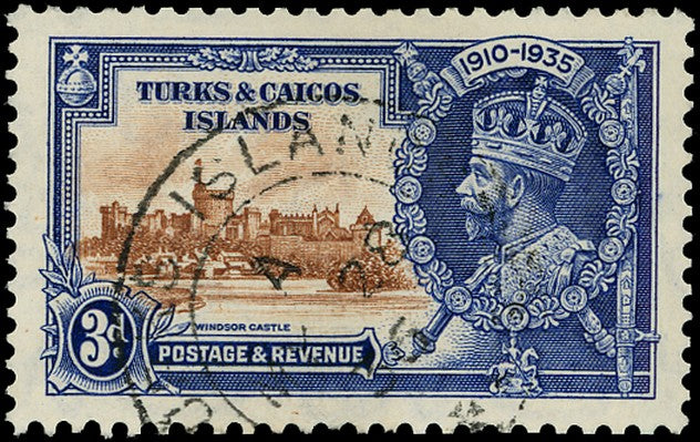 TURKS & CAICOS IS 1935  SG188k Used Silver Jubilee 3d variety Kite and vertical log