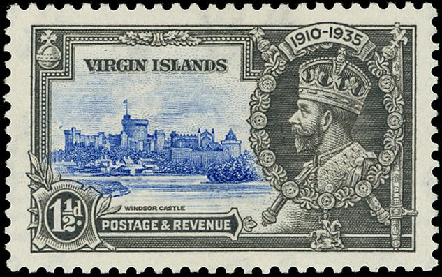 VIRGIN ISLANDS 1935  SG104m Mint Silver Jubilee 1&frac12;d variety Bird by turret