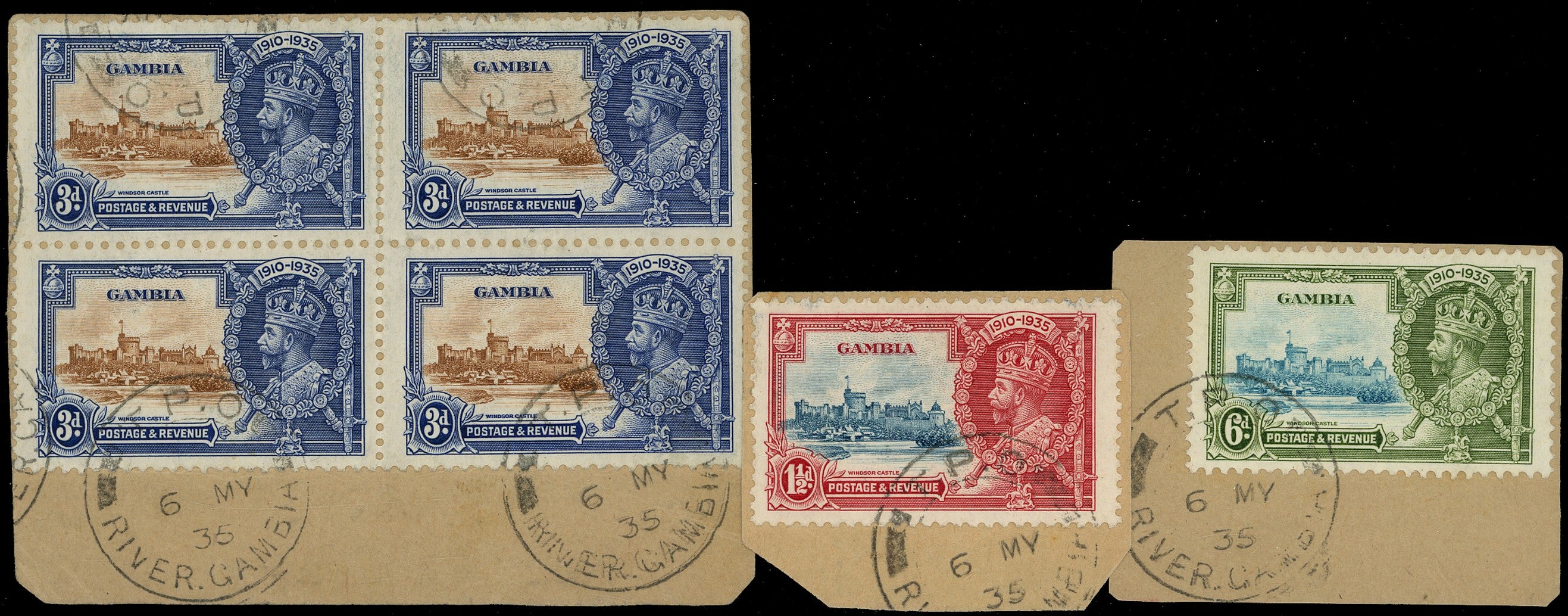GAMBIA 1935  SG143/45 Cancel T.P.O. River Gambia cds on Silver Jubilee 1&frac12;d, 3d. 6d