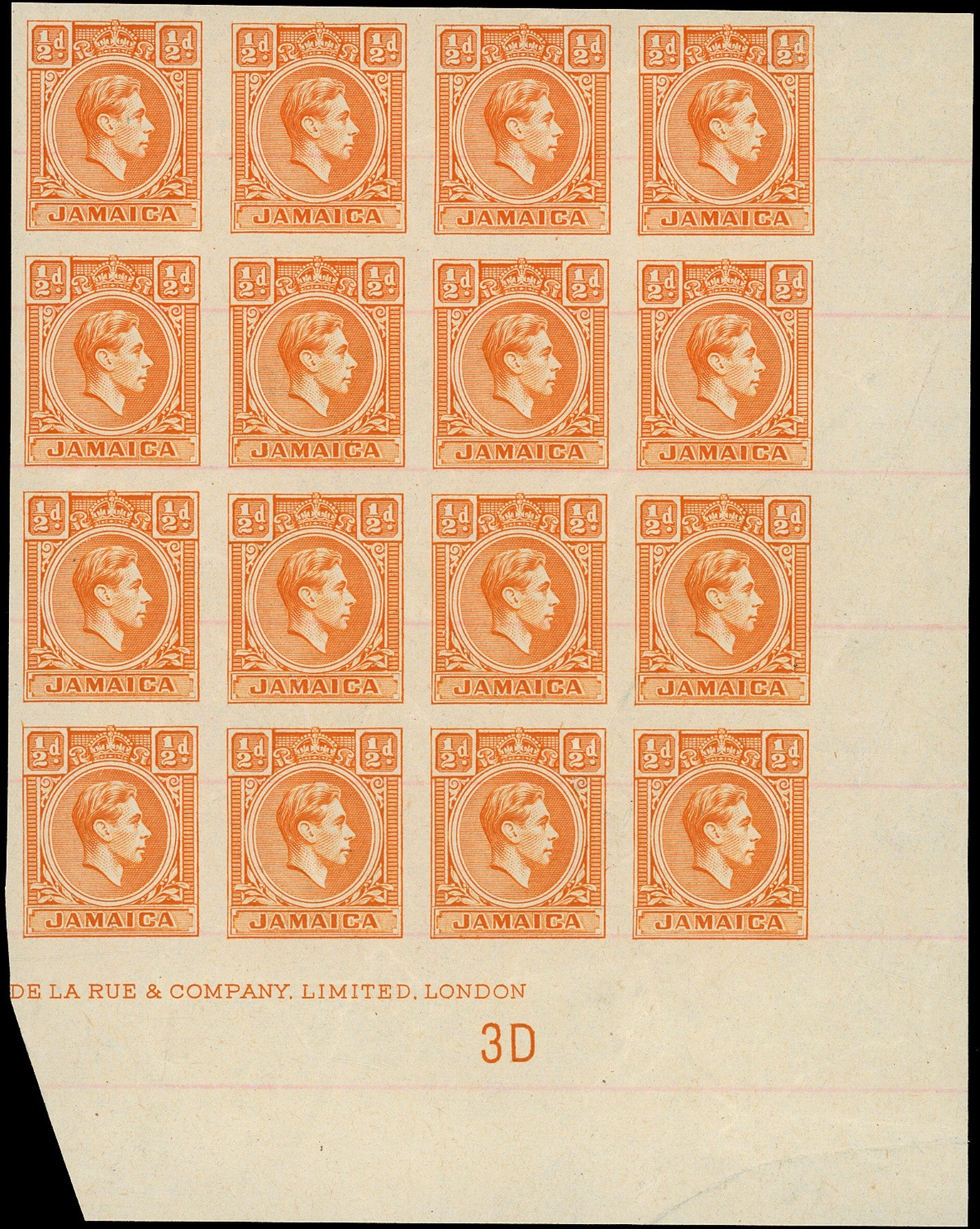 JAMAICA 1938  SG121b Proof of KGVI &frac12;d orange imperforate on lined paper