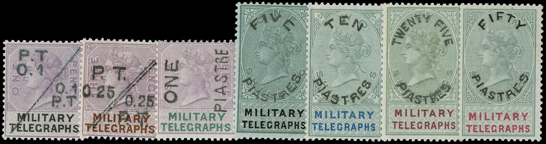 EGYPT BRITISH FORCES 1886  SGMT9/15 Telegraph locally surcharged short set of 7 to 50pi on 10s