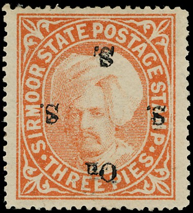 I.F.S. SIRMOOR 1892  SG60b Official 3p orange, type 13 opt INVERTED, fresh part o.g.