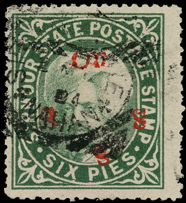 I.F.S. SIRMOOR 1894  SG86 Official 6p green (IV), type 19 handstamp in RED, used