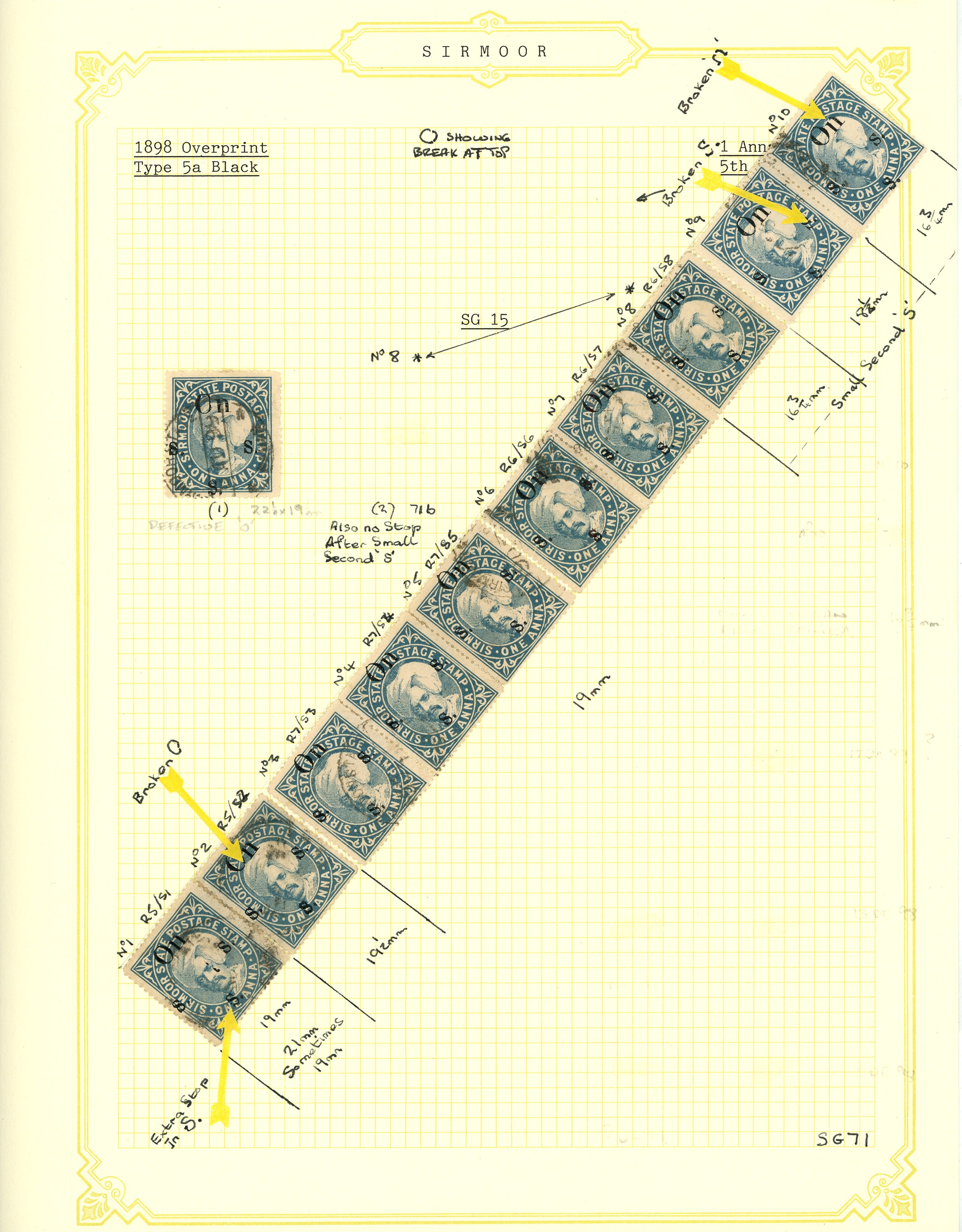 I.F.S. SIRMOOR 1898  SG71/a Official 1a grey-blue (V), type 15 opt, reconstructed row of 10, variety "Small S" at pos. 8-10, used