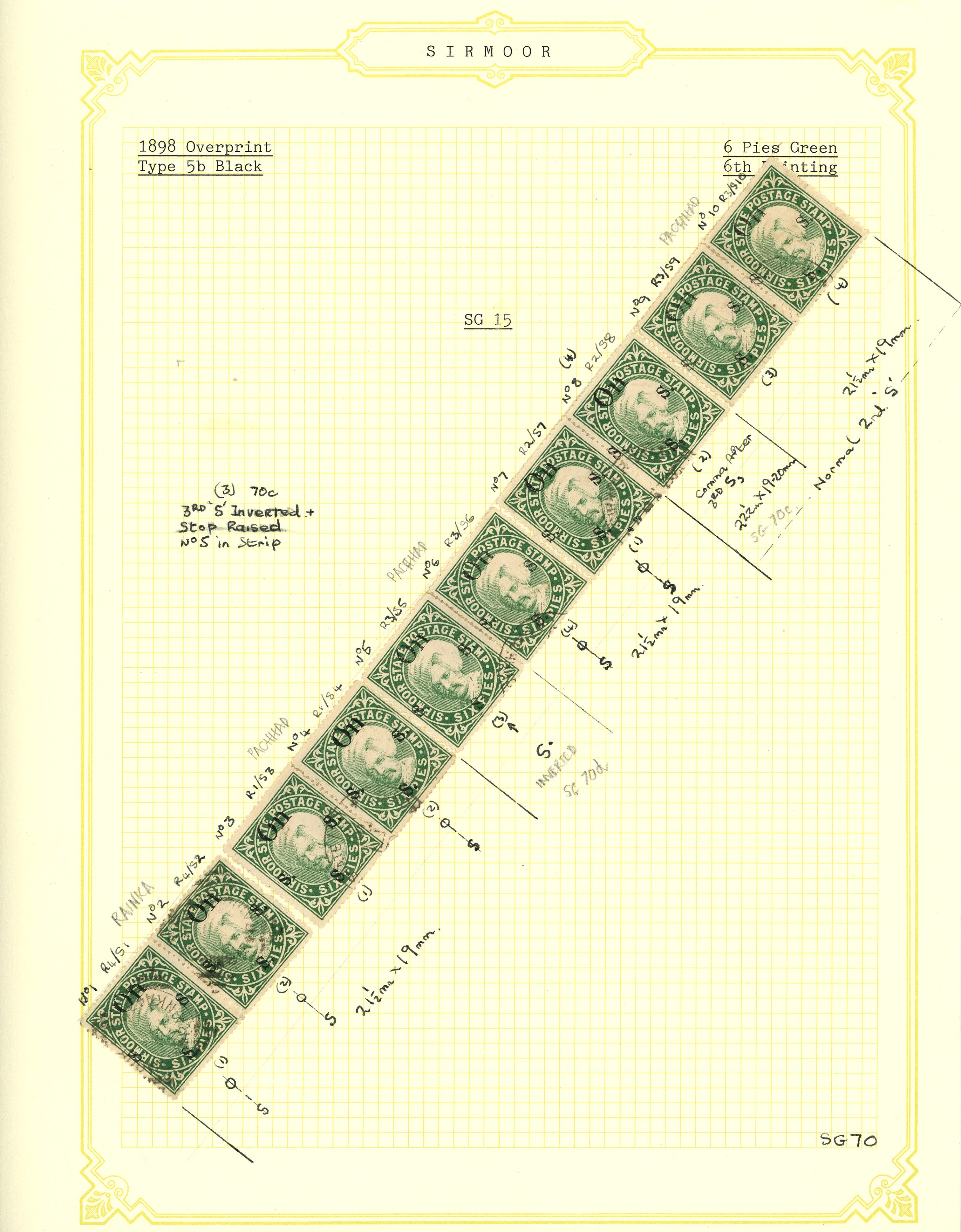 I.F.S. SIRMOOR 1898  SG70a/c/d Official 6p yellowish green (VI), type 15 opt, reconstructed SECOND setting row of 10, pos. 5 and 8 varieties, used