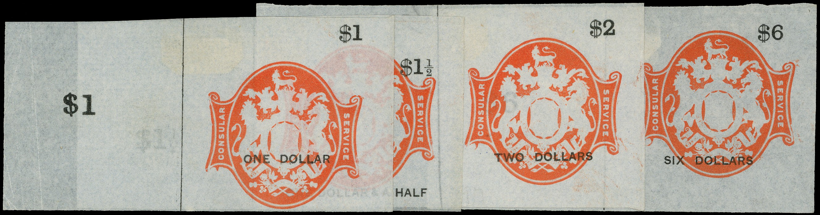GB 1885 Revenue Consular Service $1,  $1half, $2 and $6 overprint essays