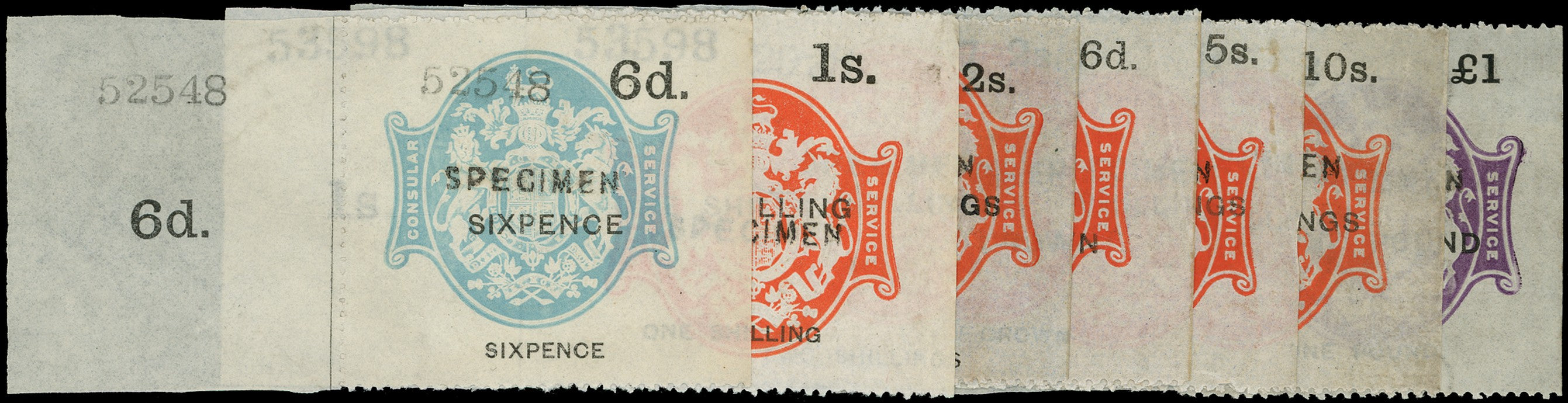 GB 1885 Revenue Consular Service Sterling Currency Embossed specimen Set showing WMK!