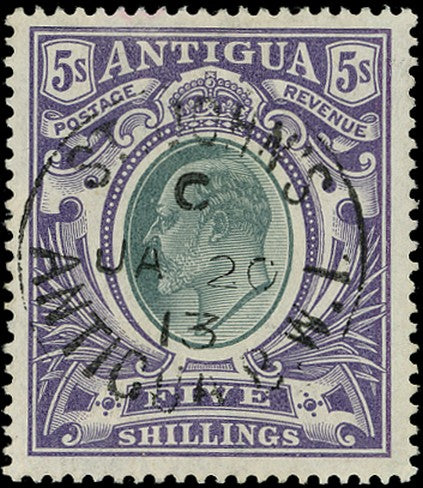ANTIGUA 1903  SG40a Used KEVII 5s grey-green and violet on chalk-surfaced paper