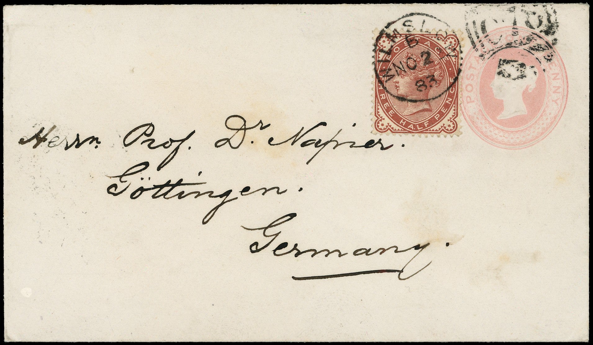 GB 1883  SG167 Cover - Uprated 1d pink envelope, 1halfd venetian